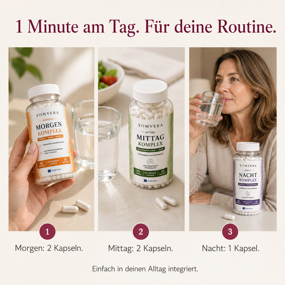 Eine einfache Supplement-Routine für Morgen, Mittag und Nacht.
