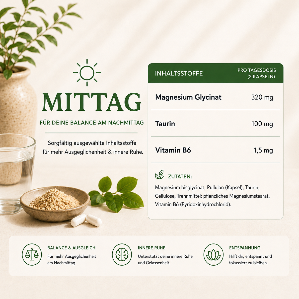 Eine einfache Supplement-Routine für Morgen, Mittag und Nacht.