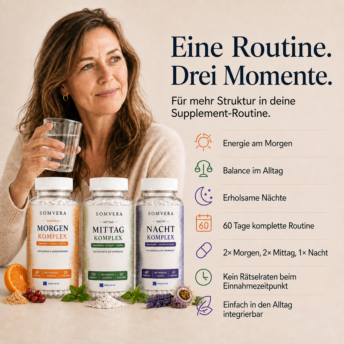Eine einfache Supplement-Routine für Morgen, Mittag und Nacht.