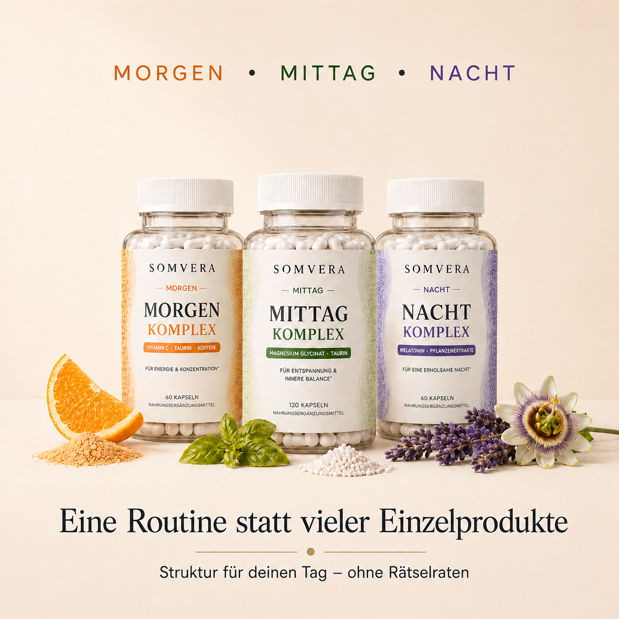 Eine einfache Supplement-Routine für Morgen, Mittag und Nacht.